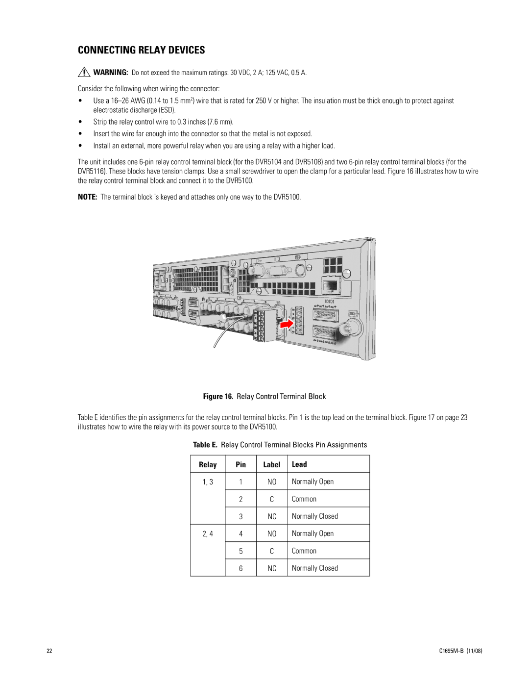 Pelco DVR5100 manual Connecting Relay Devices, Relay Pin Label Lead, Normally Open, Normally Closed 