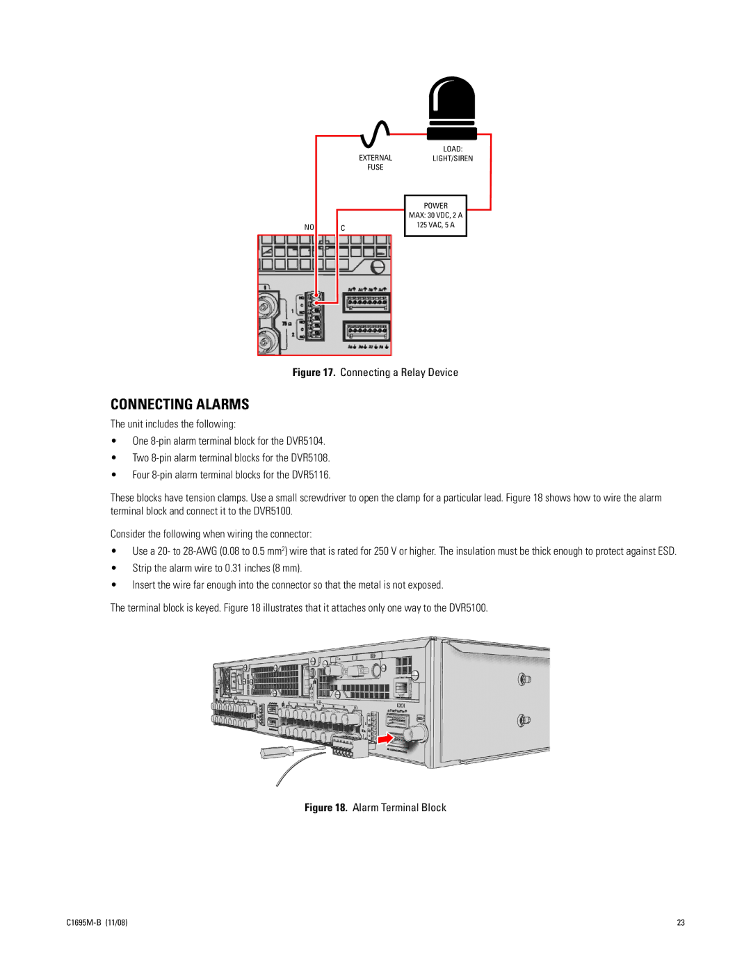 Pelco DVR5100 manual Connecting Alarms, Connecting a Relay Device 