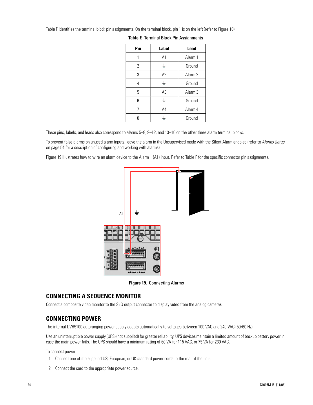 Pelco DVR5100 manual Connecting a Sequence Monitor, Connecting Power, Pin Label Lead 