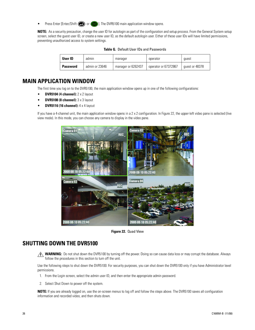 Pelco manual Main Application Window, Shutting Down the DVR5100, User ID, Password 