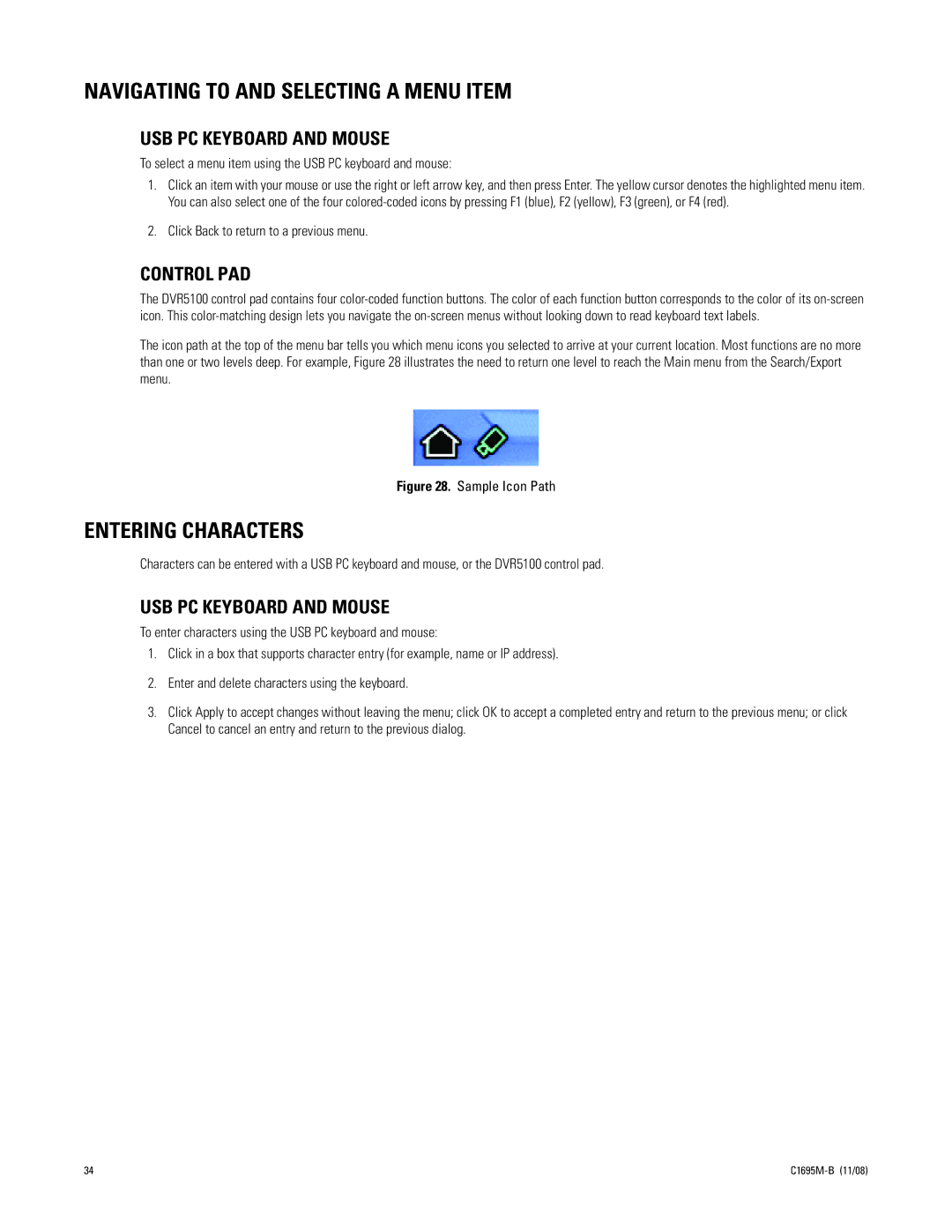 Pelco DVR5100 manual Navigating to and Selecting a Menu Item, Entering Characters, USB PC Keyboard and Mouse, Control PAD 