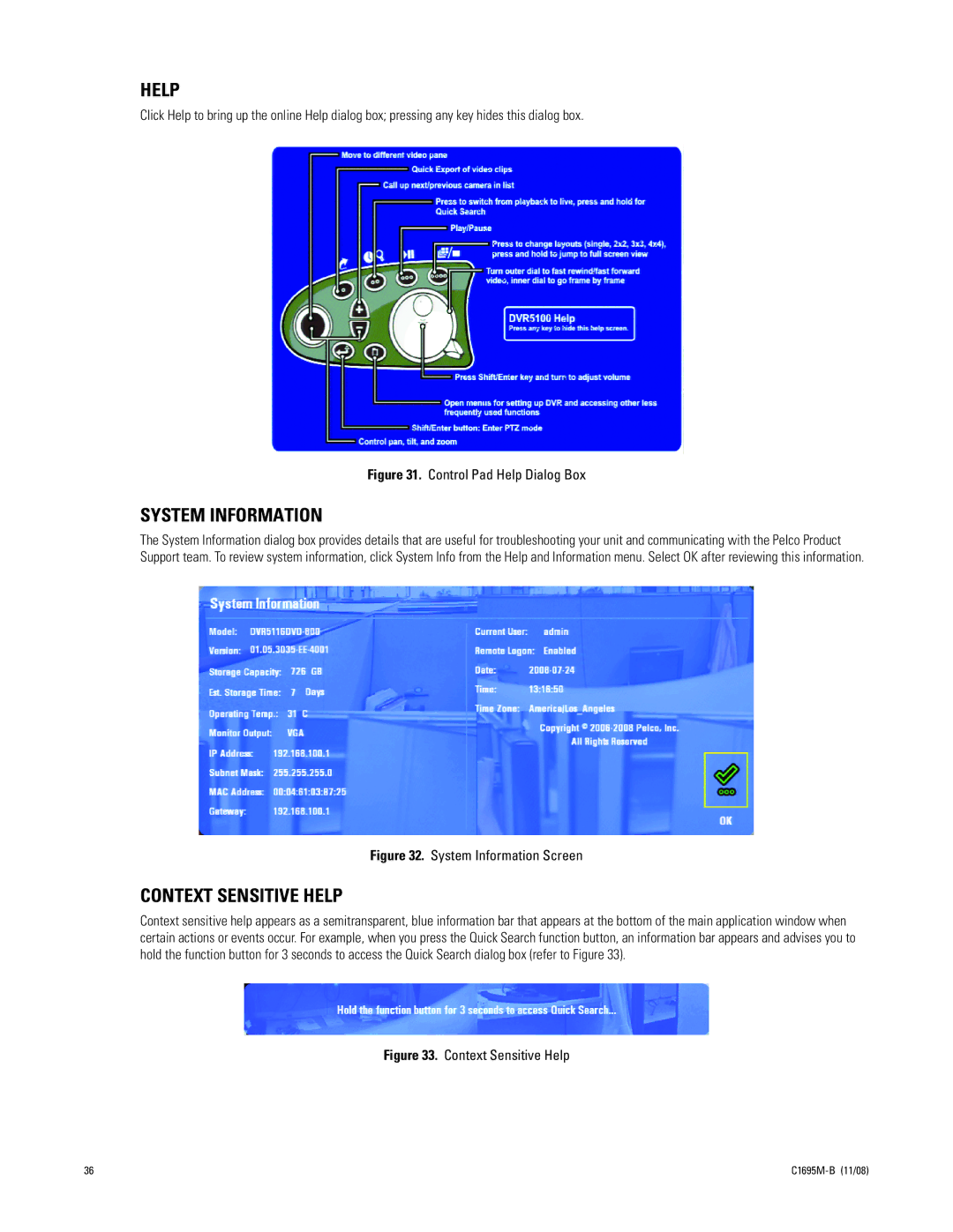 Pelco DVR5100 manual System Information, Context Sensitive Help 