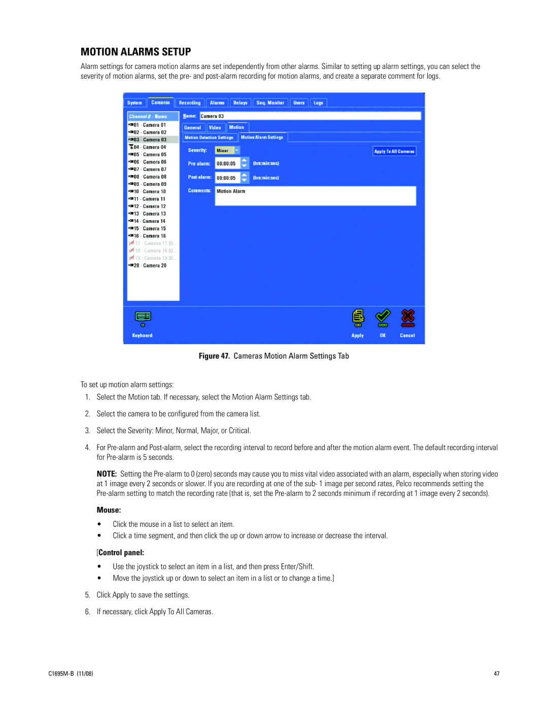 Pelco DVR5100 manual Motion Alarms Setup, Mouse 