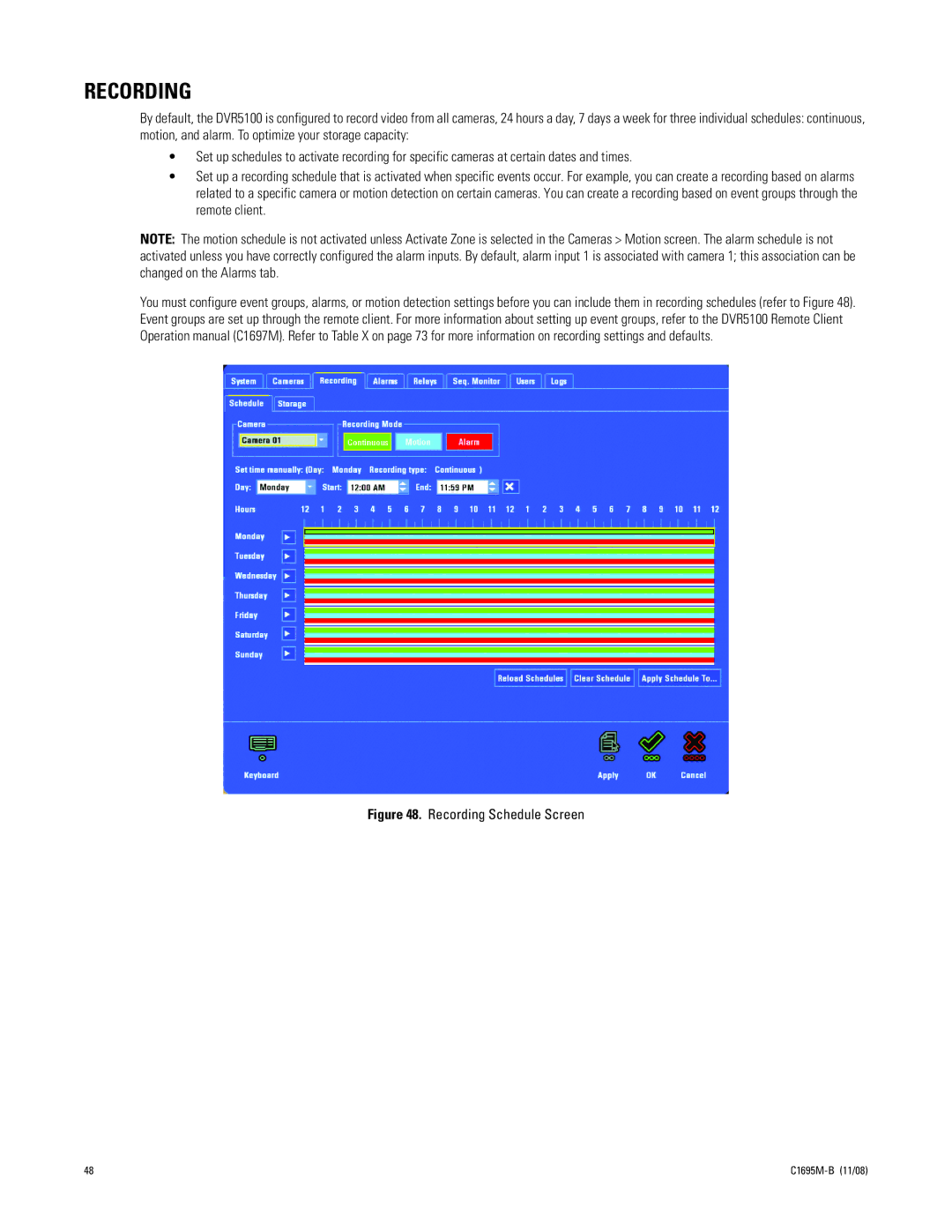 Pelco DVR5100 manual Recording Schedule Screen 