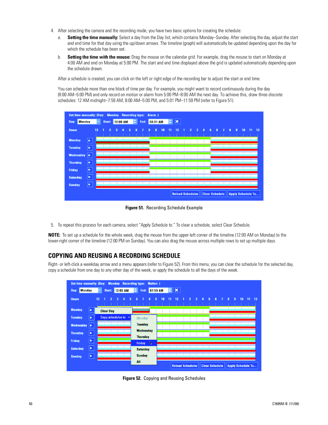 Pelco DVR5100 manual Copying and Reusing a Recording Schedule, Copying and Reusing Schedules 