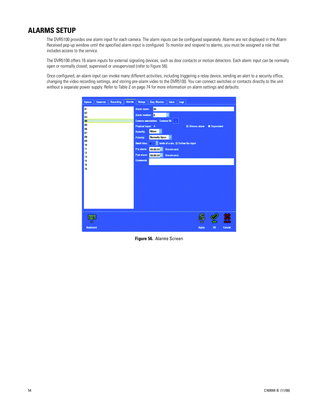 Pelco DVR5100 manual Alarms Setup, Alarms Screen 