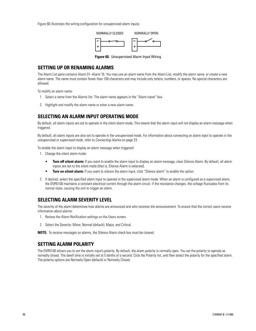 Pelco DVR5100 manual Setting UP or Renaming Alarms, Selecting AN Alarm Input Operating Mode, Selecting Alarm Severity Level 