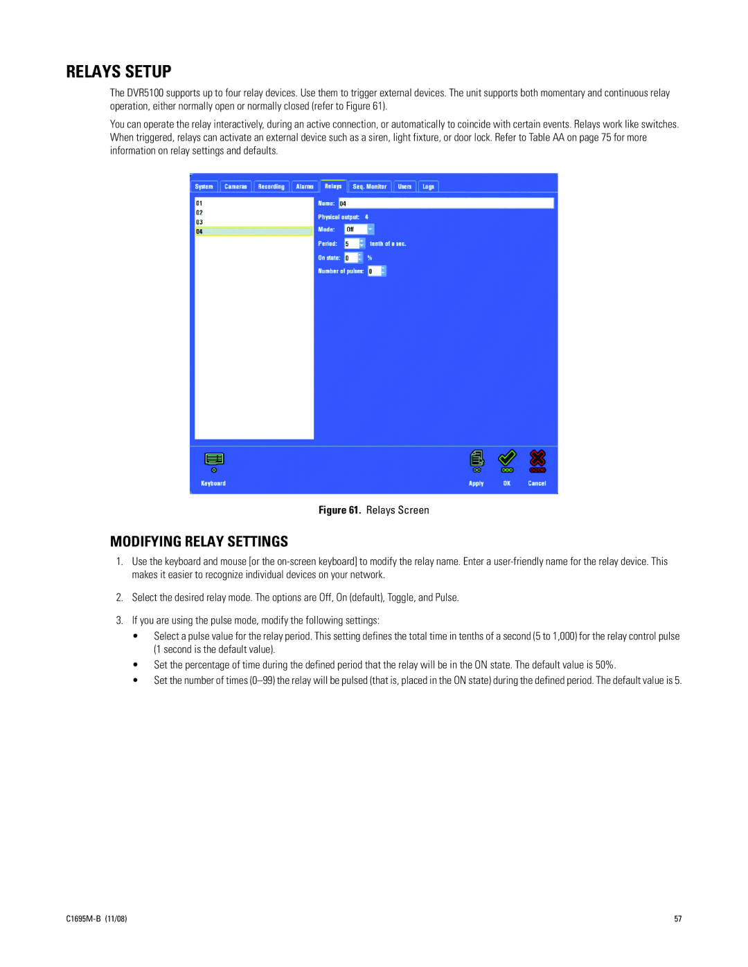 Pelco DVR5100 manual Relays Setup, Modifying Relay Settings 