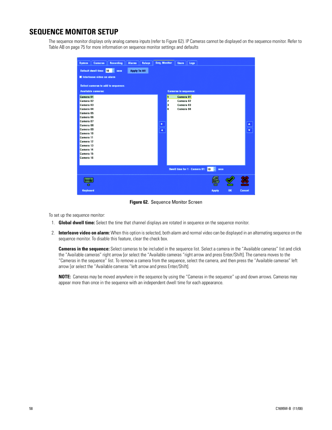 Pelco DVR5100 manual Sequence Monitor Setup 