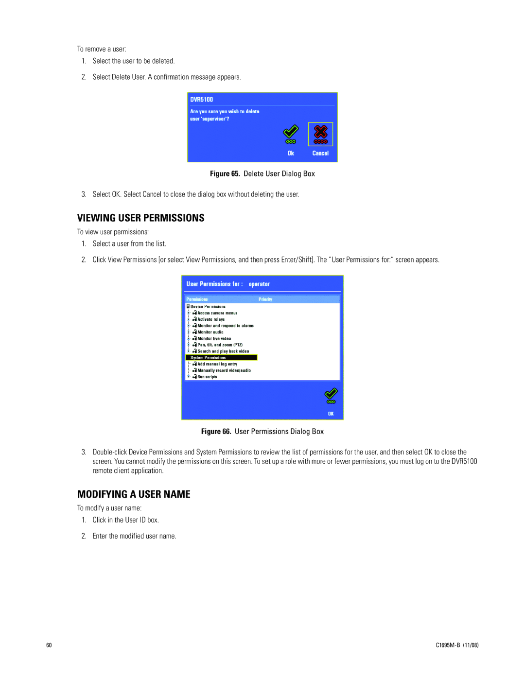 Pelco DVR5100 manual Viewing User Permissions, Modifying a User Name, To view user permissions Select a user from the list 