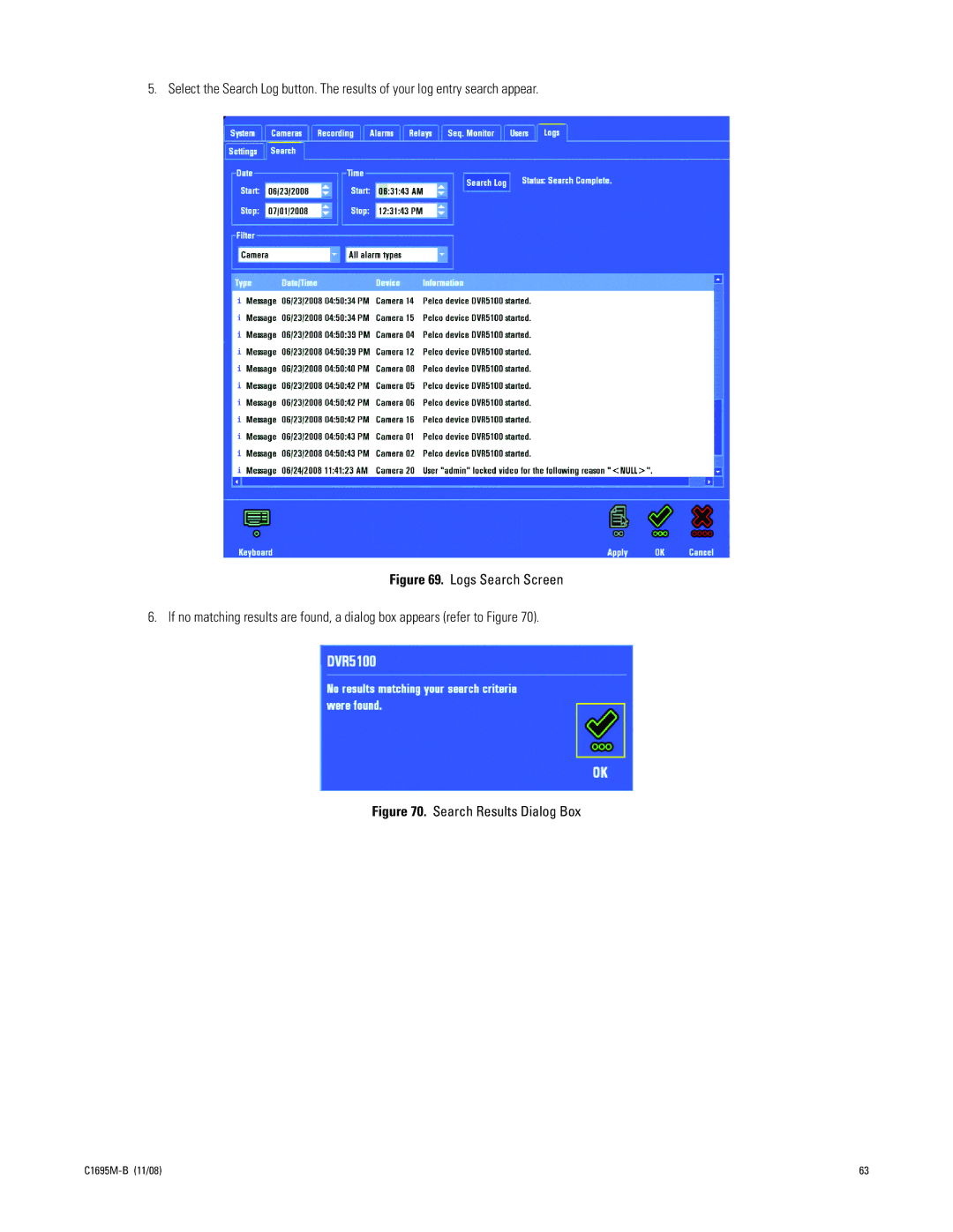 Pelco DVR5100 manual Search Results Dialog Box 