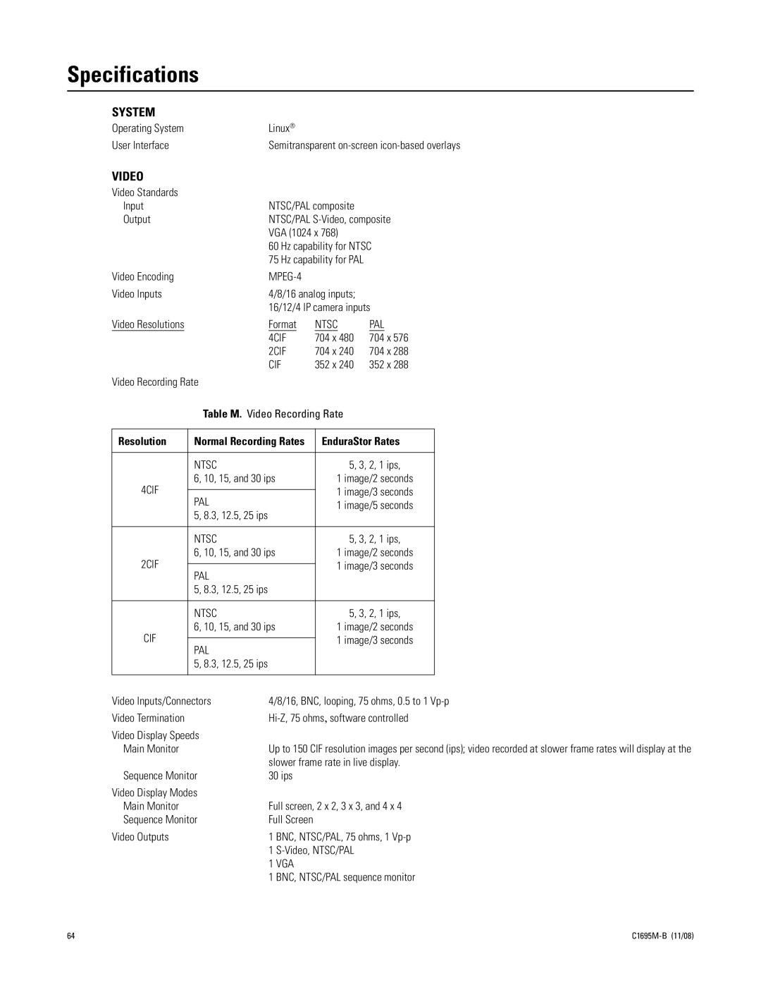 Pelco DVR5100 manual Specifications, Resolution, EnduraStor Rates 