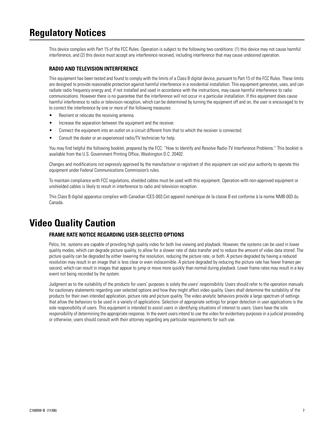 Pelco DVR5100 manual Regulatory Notices, Video Quality Caution 