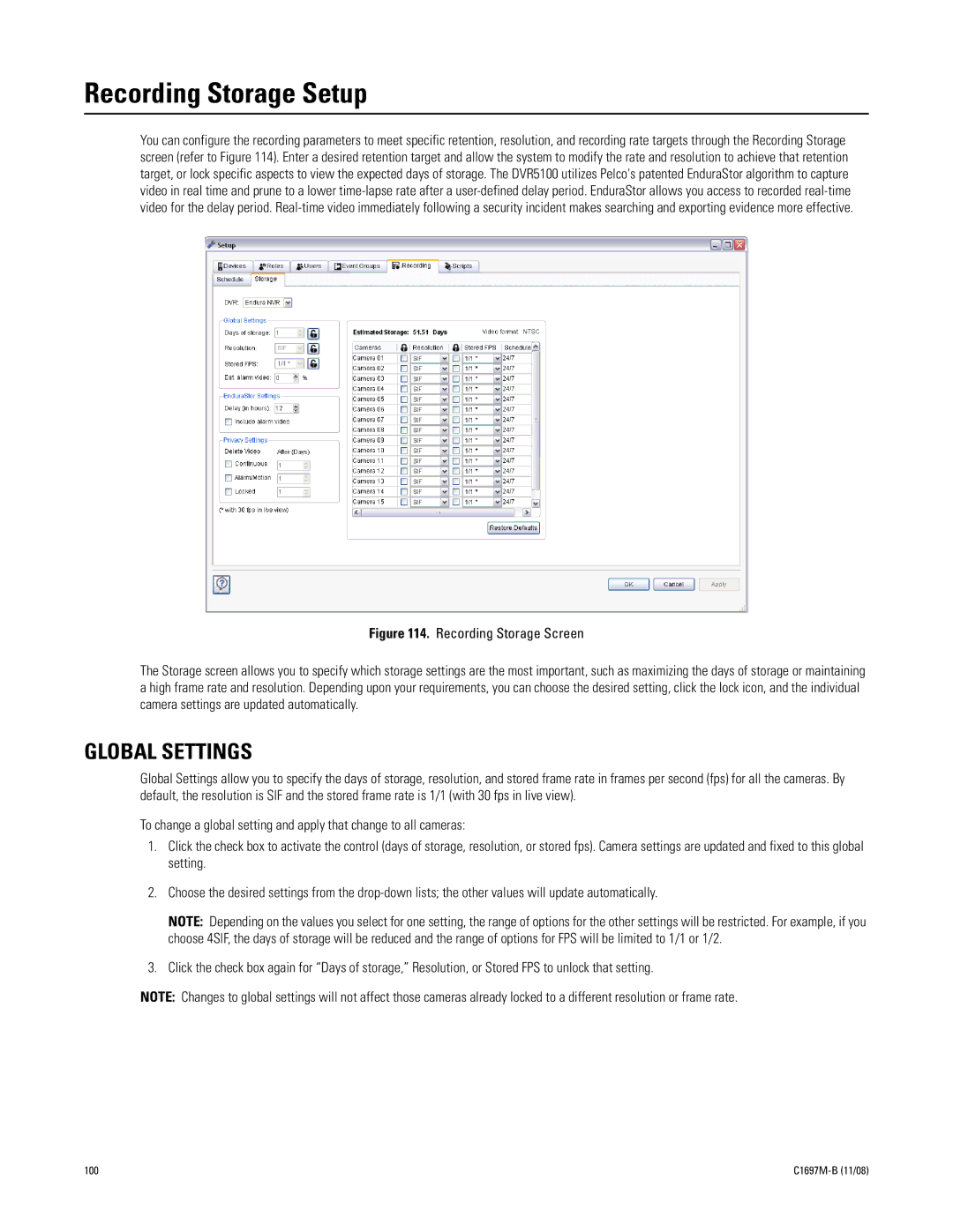 Pelco DVR5100 manual Recording Storage Setup, Global Settings 
