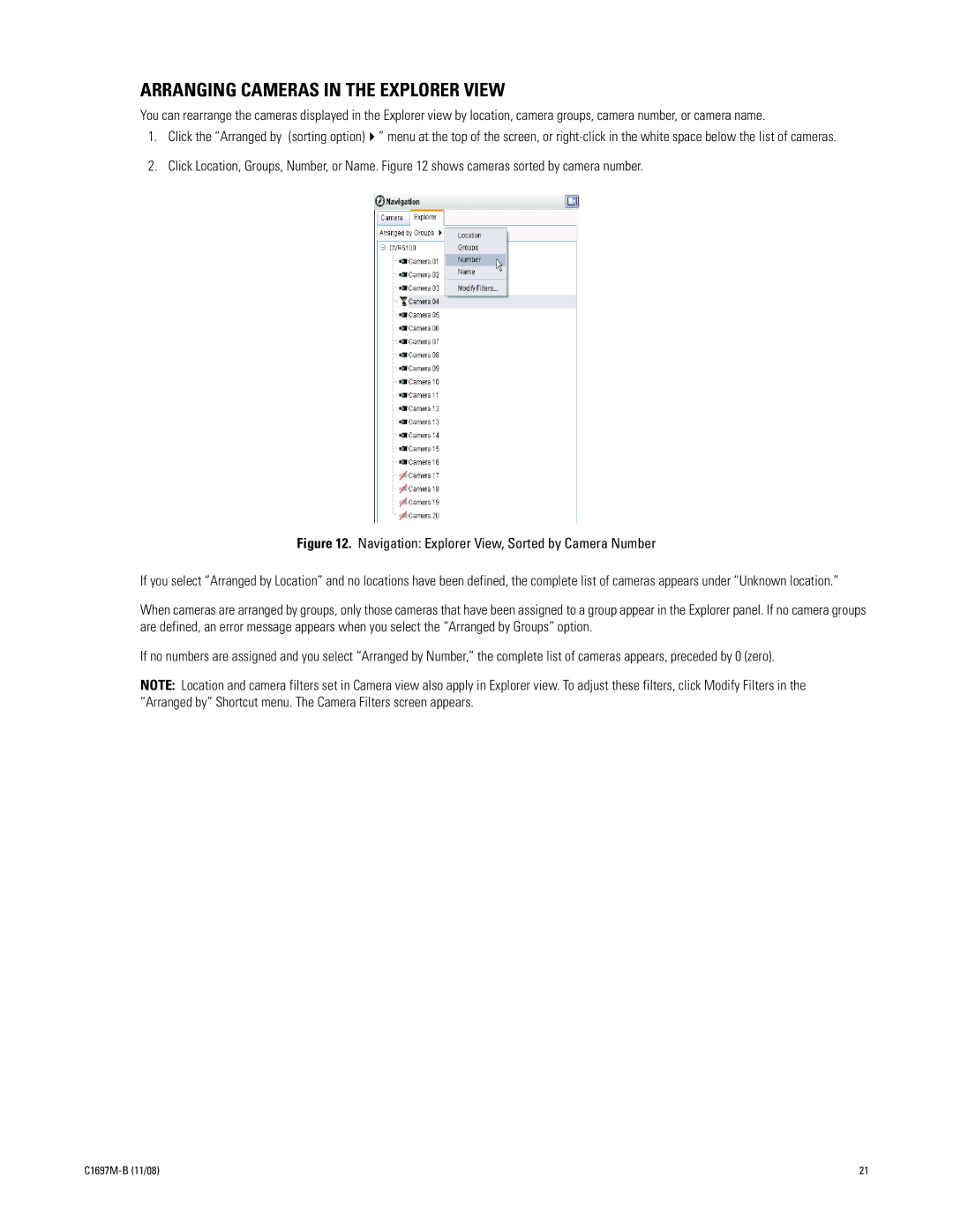 Pelco DVR5100 manual Arranging Cameras in the Explorer View, Navigation Explorer View, Sorted by Camera Number 