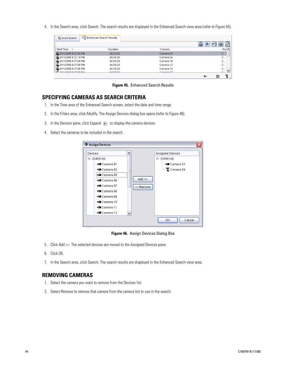 Pelco DVR5100 manual Specifying Cameras AS Search Criteria, Removing Cameras 