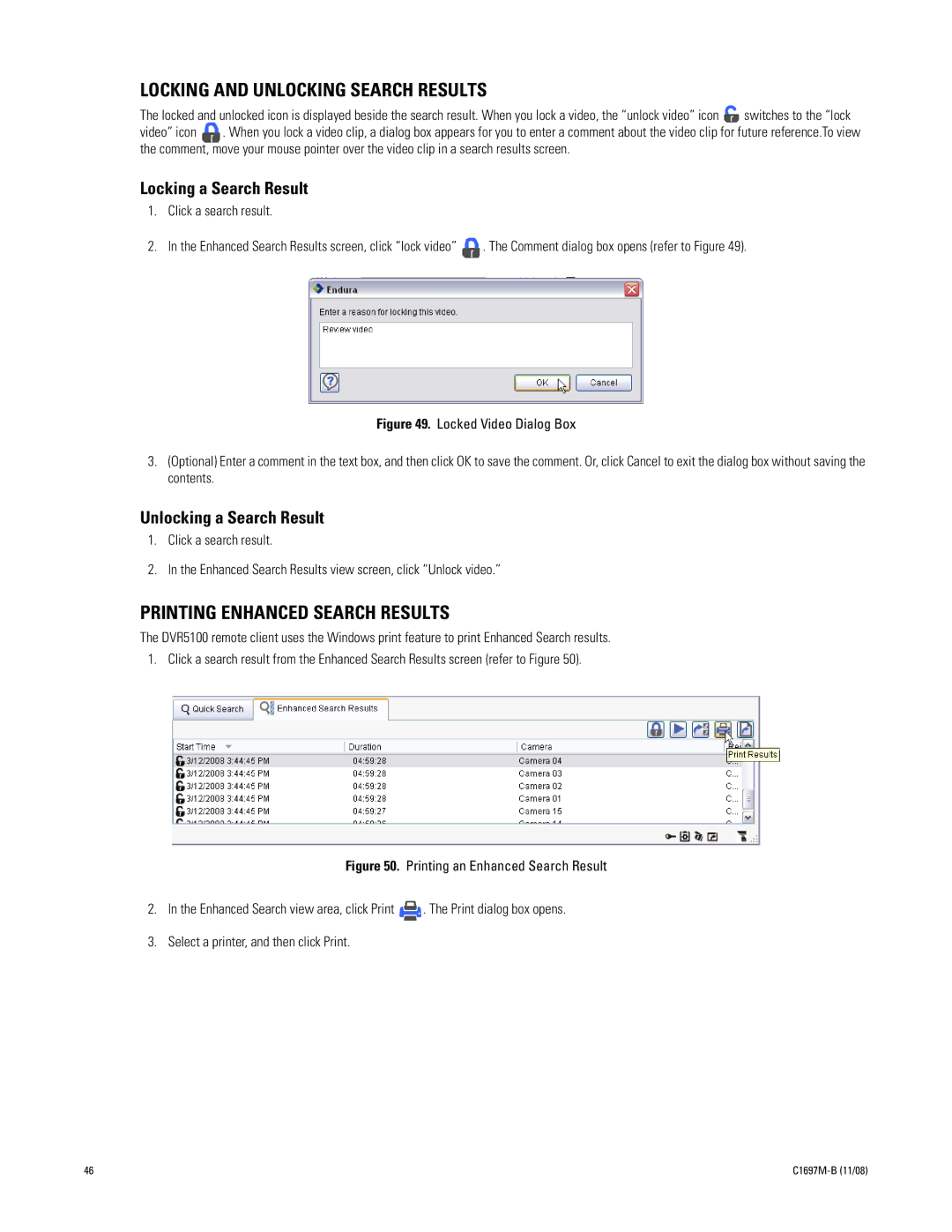 Pelco DVR5100 manual Locking and Unlocking Search Results, Printing Enhanced Search Results, Locking a Search Result 