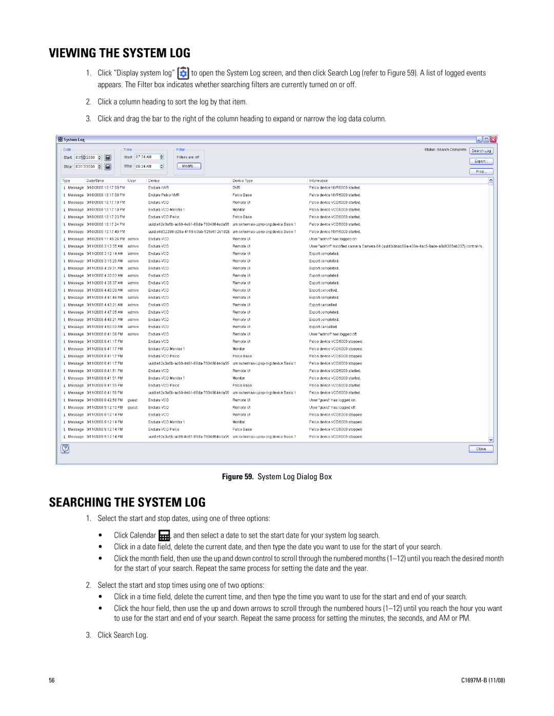 Pelco DVR5100 manual Viewing the System LOG, Searching the System LOG, Click Search Log 