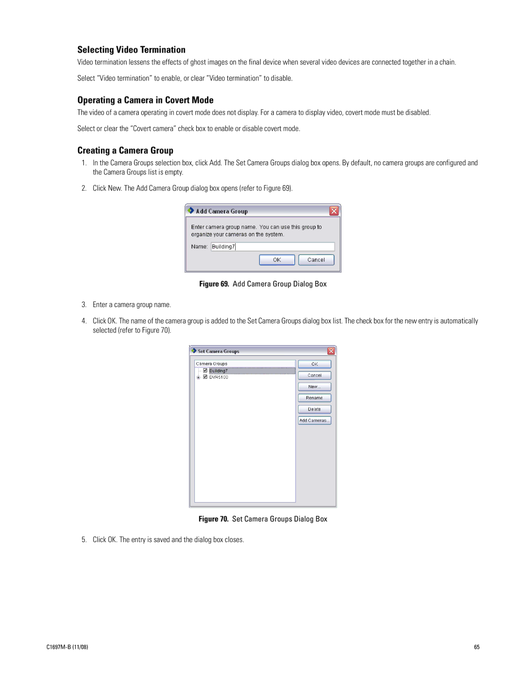 Pelco DVR5100 manual Selecting Video Termination, Operating a Camera in Covert Mode, Creating a Camera Group 