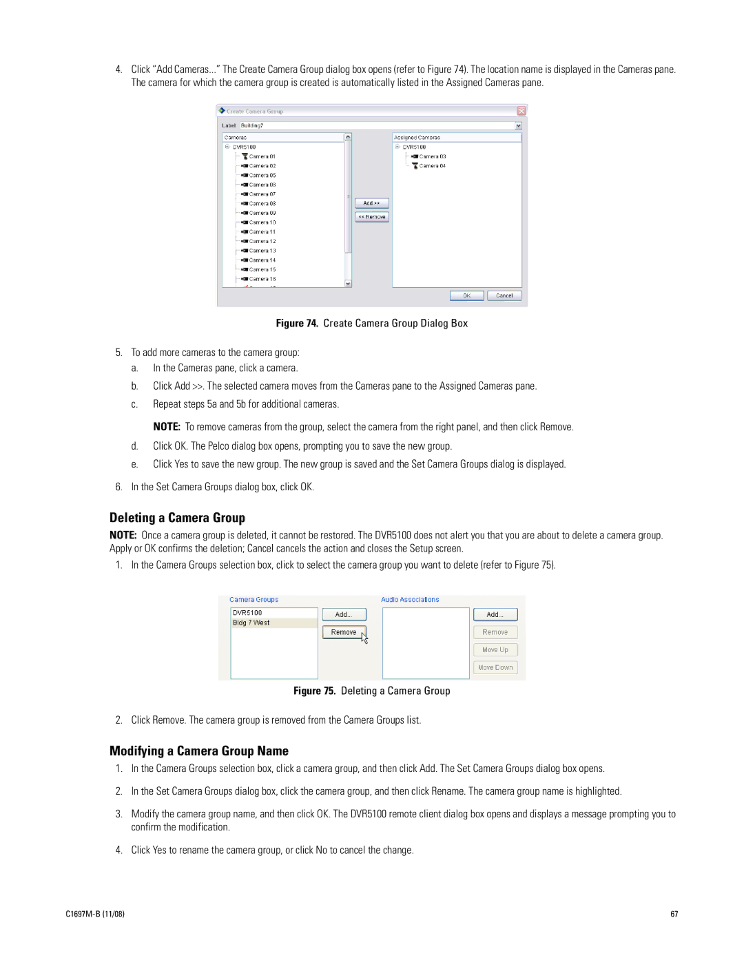 Pelco DVR5100 manual Deleting a Camera Group, Modifying a Camera Group Name 