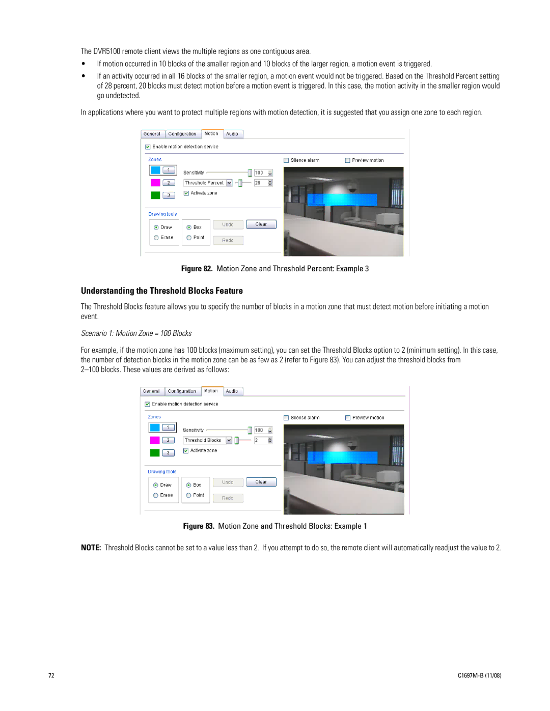 Pelco DVR5100 manual Blocks. These values are derived as follows, Motion Zone and Threshold Blocks Example 