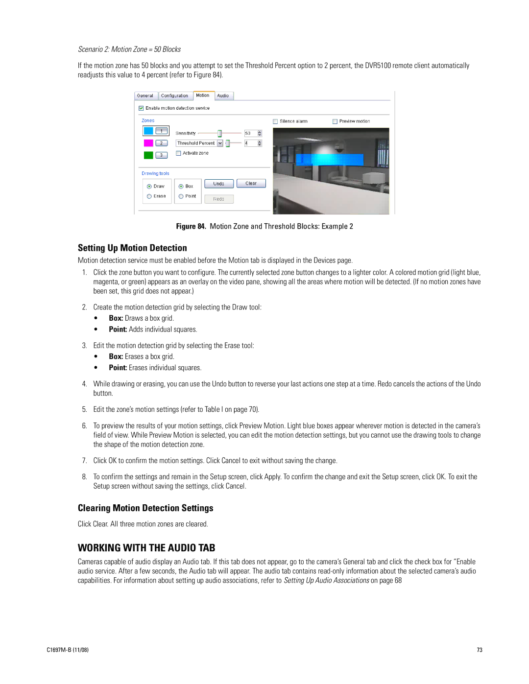 Pelco DVR5100 manual Working with the Audio TAB, Setting Up Motion Detection, Clearing Motion Detection Settings 