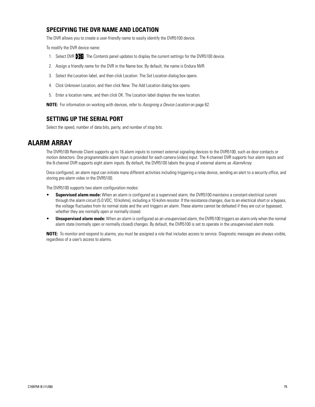 Pelco DVR5100 manual Alarm Array, Specifying the DVR Name and Location, Setting UP the Serial Port 