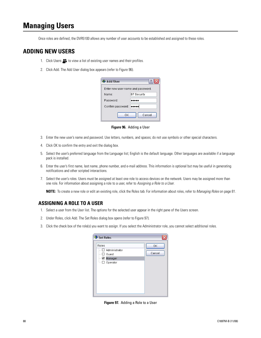 Pelco DVR5100 manual Managing Users, Adding NEW Users, Assigning a Role to a User 