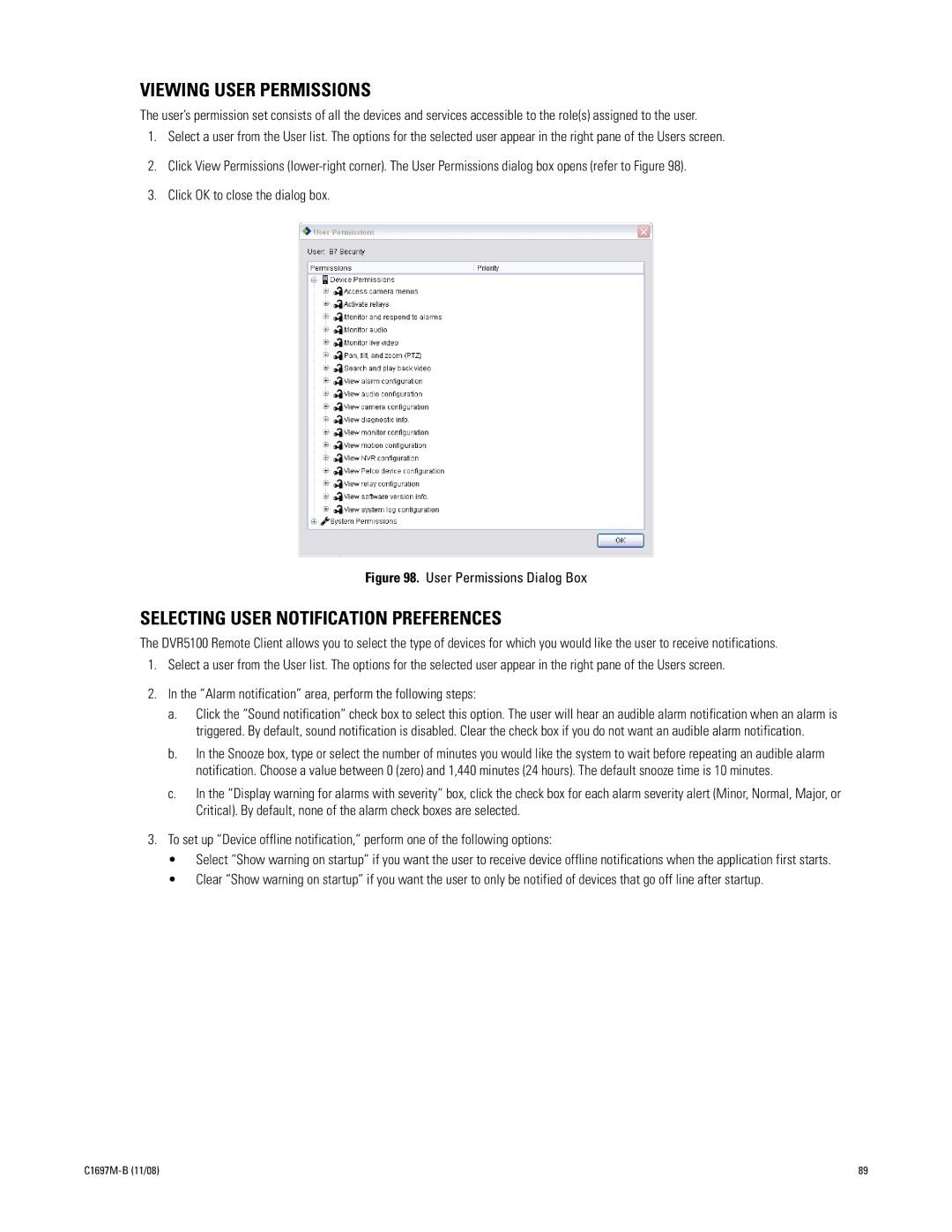 Pelco DVR5100 manual Viewing User Permissions, Selecting User Notification Preferences 