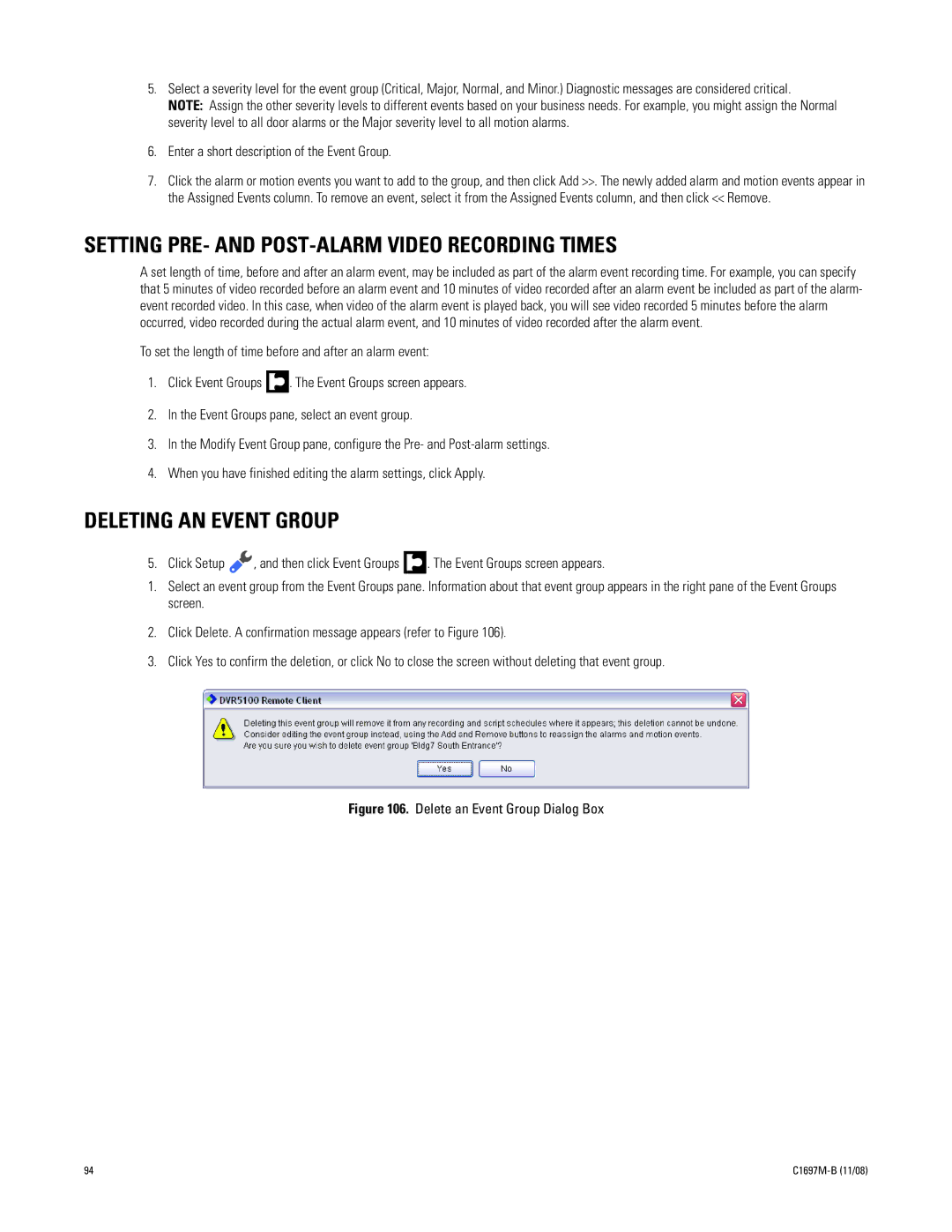 Pelco DVR5100 manual Setting PRE- and POST-ALARM Video Recording Times, Deleting AN Event Group 