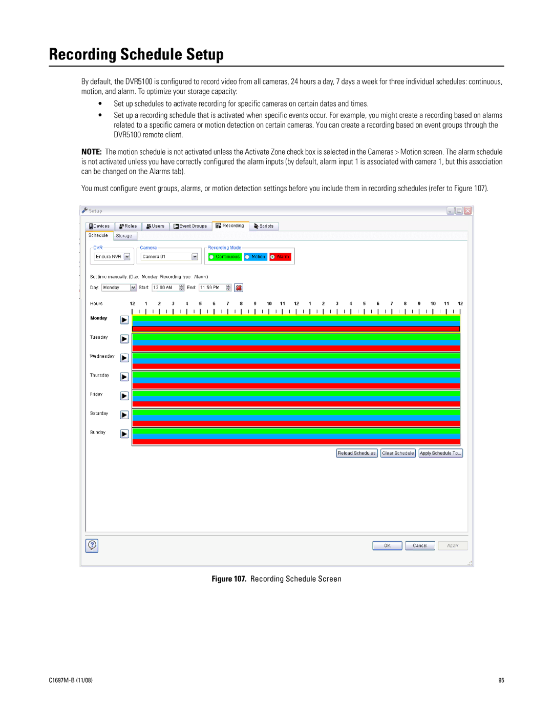 Pelco DVR5100 manual Recording Schedule Setup, Recording Schedule Screen 