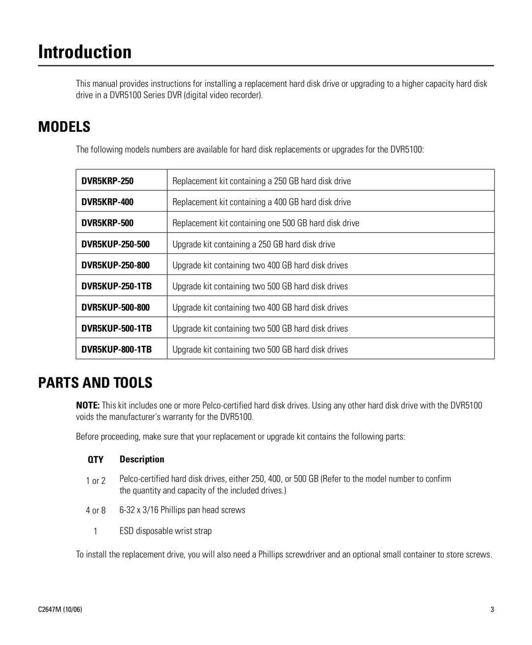 Pelco DVR5KRP-400, DVR5KUP-500-800, DVR5KUP-250-1TB, DVR5KUP-250-800, DVR5KUP-250-500 Introduction, Models, Parts and Tools 