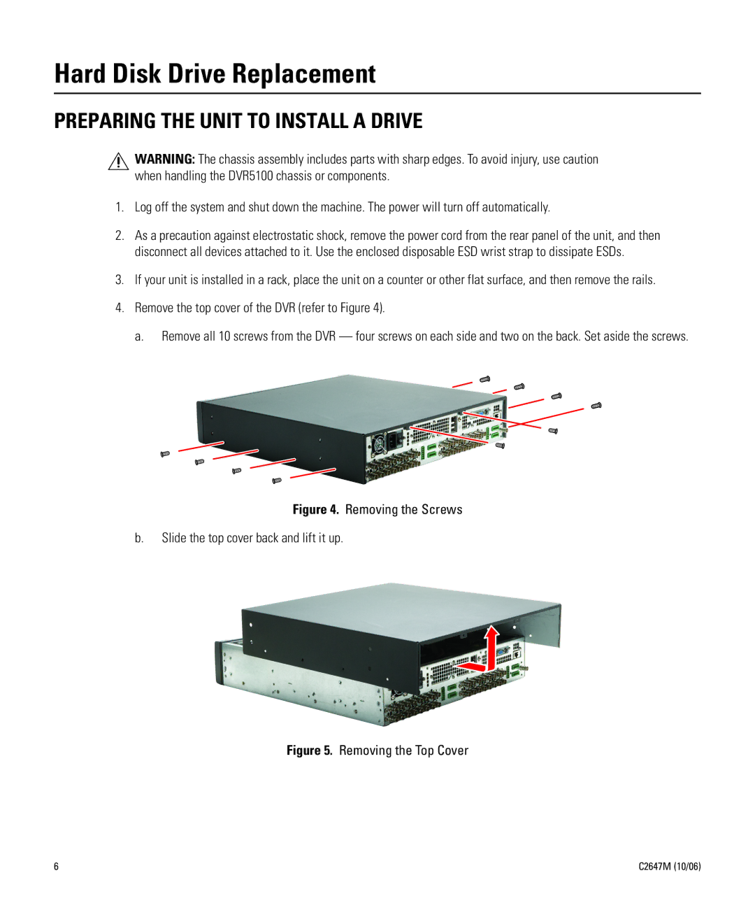 Pelco DVR5KRP-500, DVR5KUP-500-800, DVR5KUP-250-1TB, 5100 Hard Disk Drive Replacement, Preparing the Unit to Install a Drive 