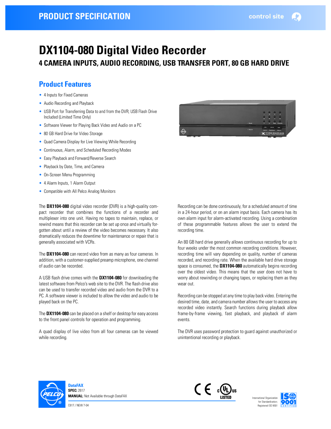 Pelco manual DX1104-080 Digital Video Recorder, Spec 