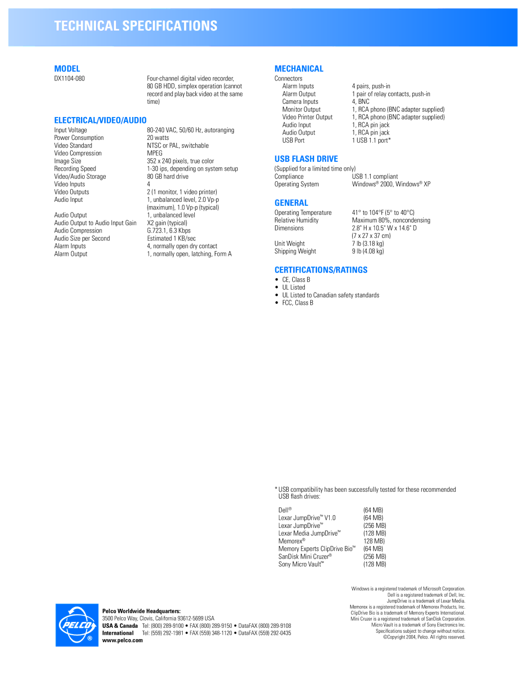 Pelco DX1104-080 manual Model, ELECTRICAL/VIDEO/AUDIO Mechanical, General, Certifications/Ratings 