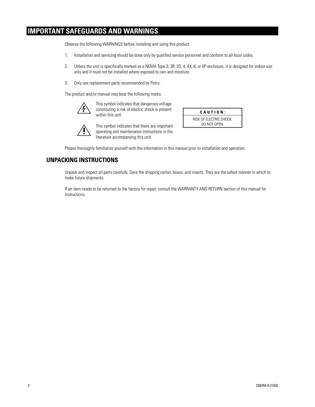 Pelco DX2000DA9T, DX2000DA25T manual Important Safeguards and Warnings, Unpacking Instructions 