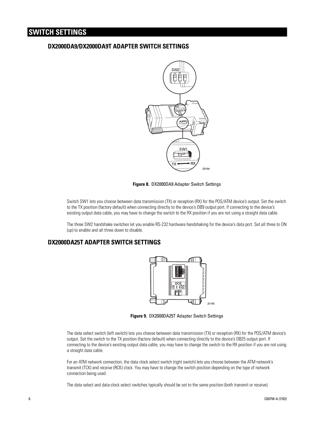 Pelco manual DX2000DA9/DX2000DA9T Adapter Switch Settings, DX2000DA25T Adapter Switch Settings 