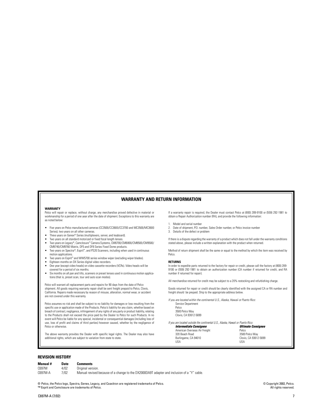 Pelco DX2000DA25T, DX2000DA9T manual Warranty and Return Information 