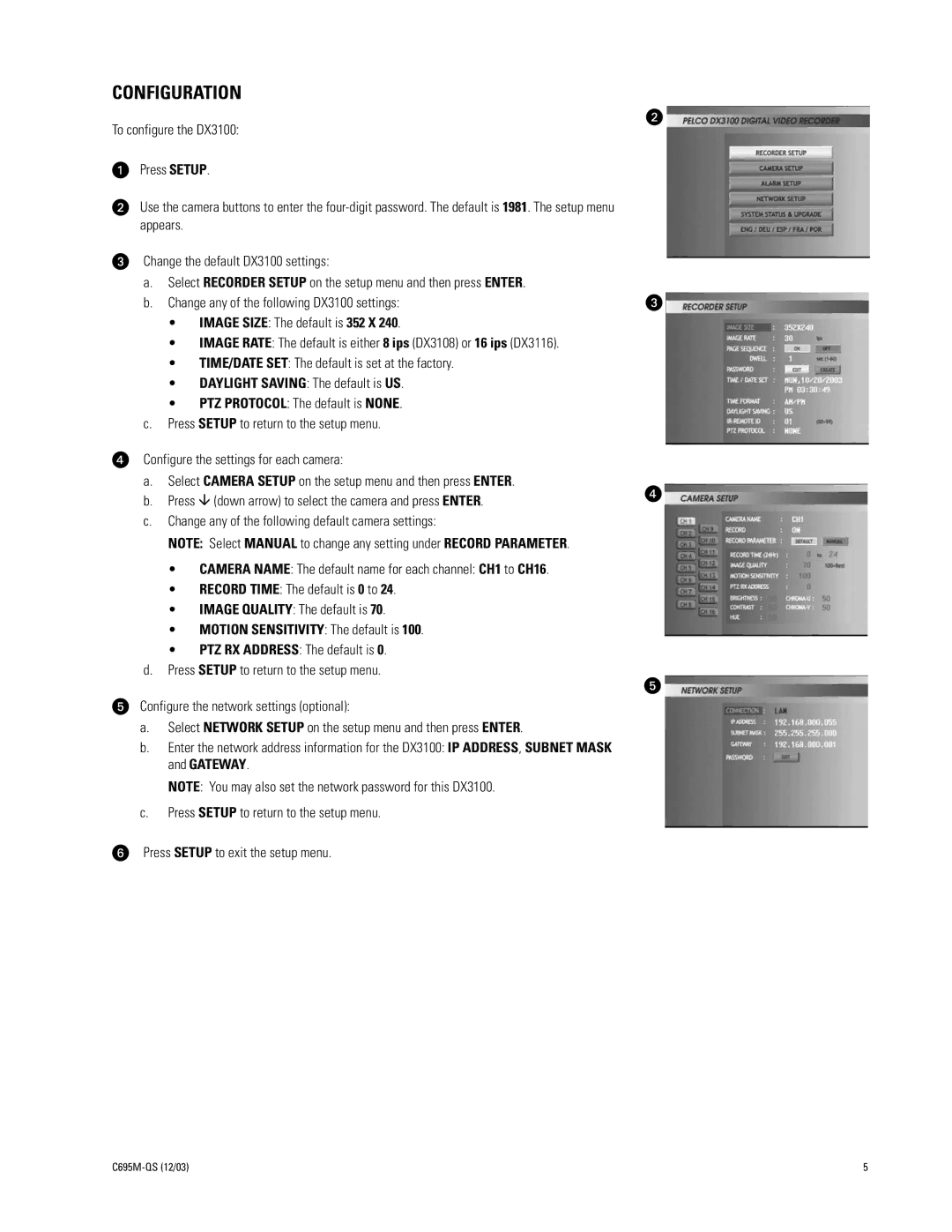 Pelco DX3100 quick start Configuration, Motion Sensitivity The default is 