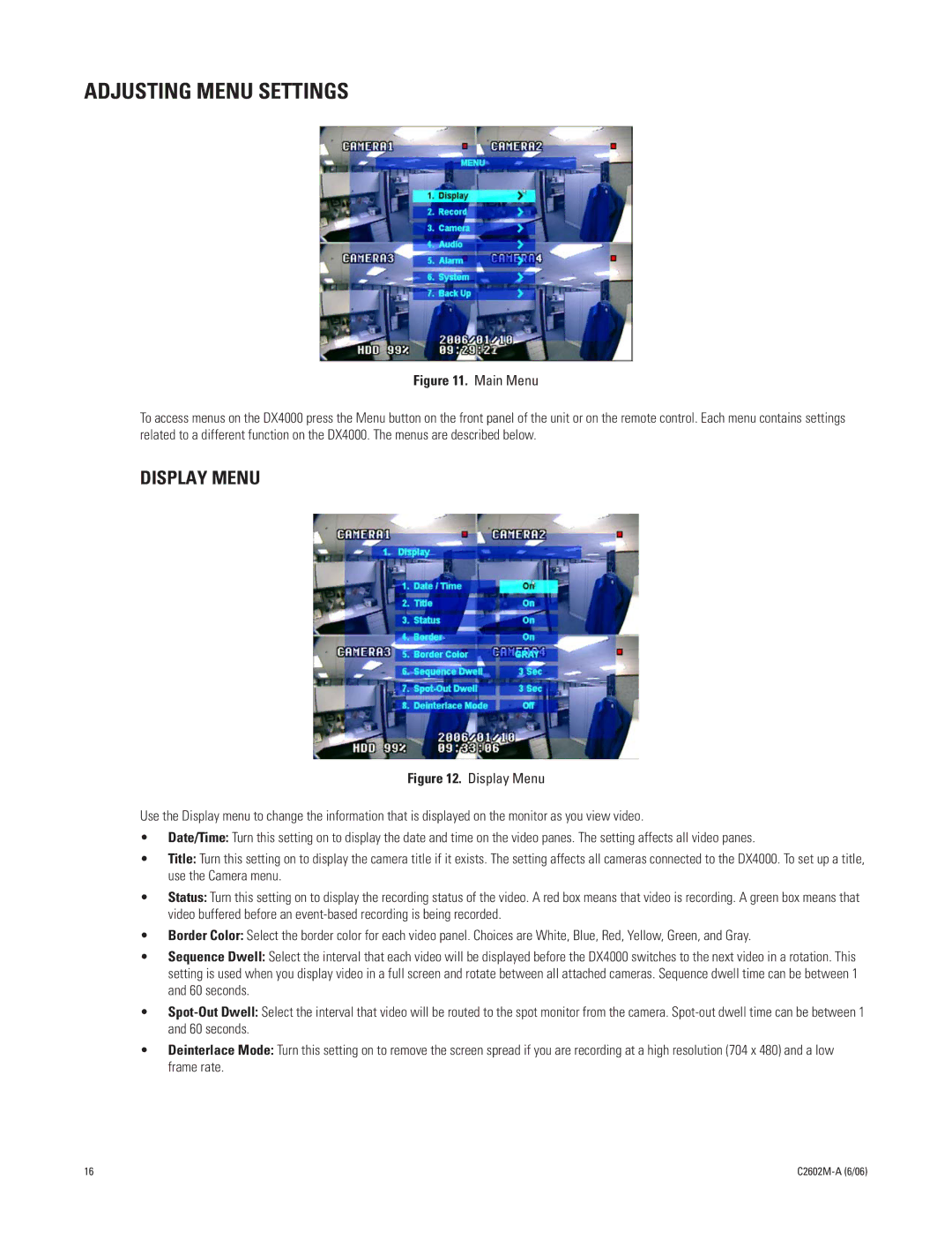 Pelco dx4000, C2602M-a manual Adjusting Menu Settings, Display Menu 