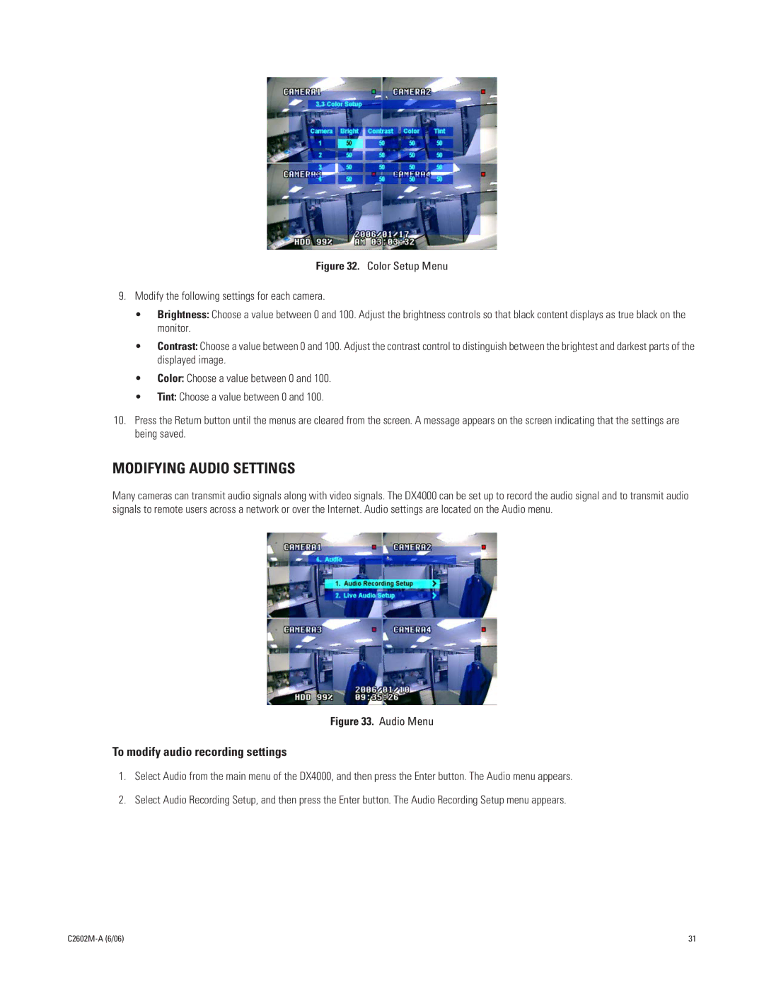 Pelco C2602M-a, dx4000 manual Modifying Audio Settings, To modify audio recording settings 