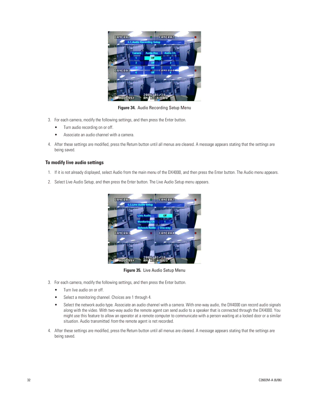 Pelco dx4000, C2602M-a manual To modify live audio settings 