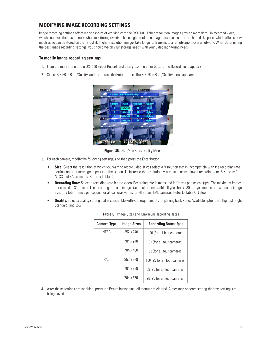 Pelco C2602M-a, dx4000 manual Modifying Image Recording Settings, To modify image recording settings 