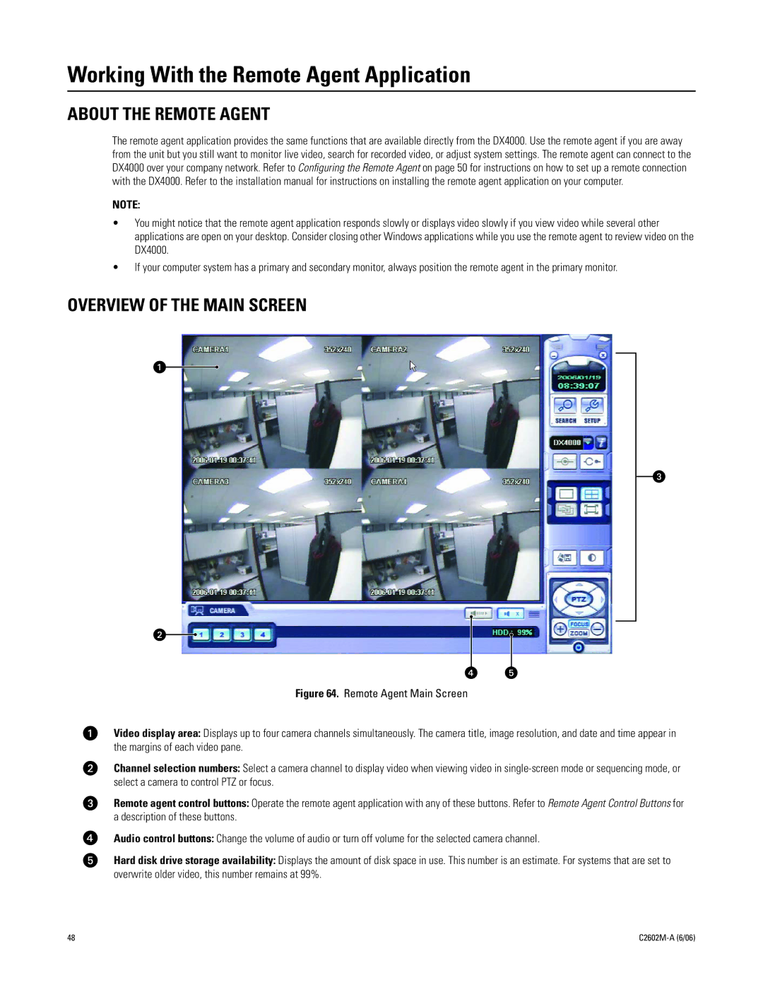 Pelco dx4000, C2602M-a manual Working With the Remote Agent Application, About the Remote Agent, Overview of the Main Screen 