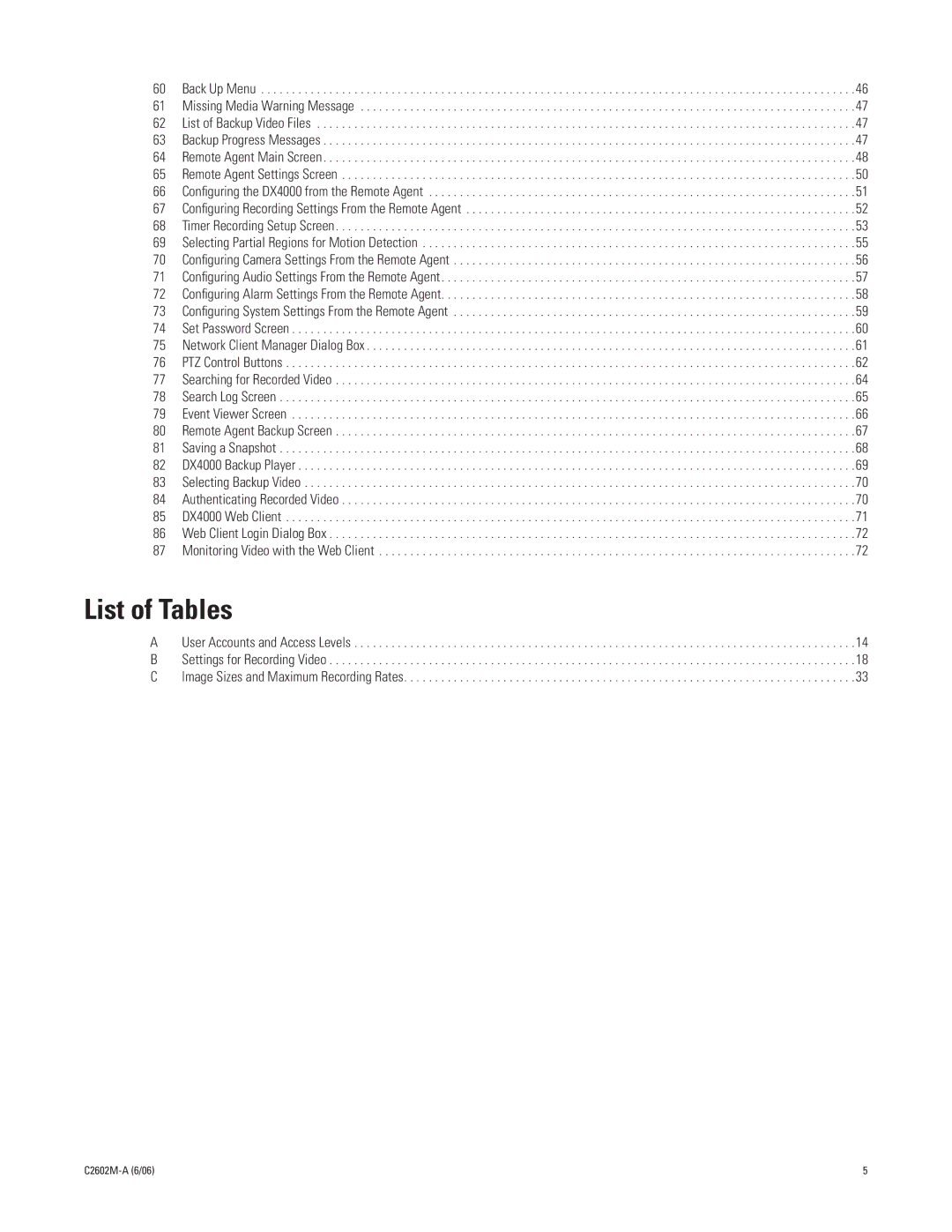 Pelco C2602M-a, dx4000 manual List of Tables 