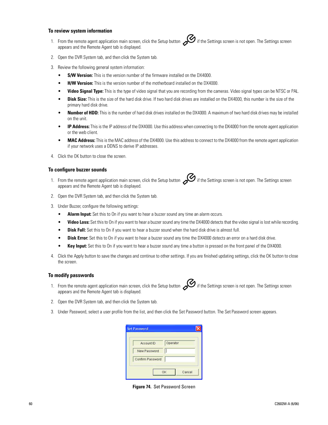 Pelco dx4000, C2602M-a manual To review system information, To conﬁgure buzzer sounds, To modify passwords 