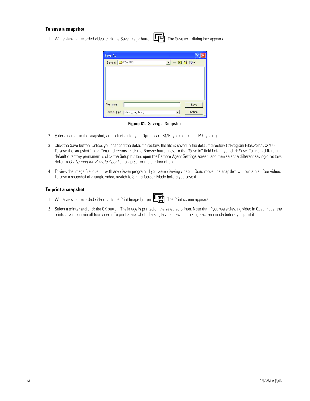 Pelco dx4000, C2602M-a manual To save a snapshot, To print a snapshot, Save as... dialog box appears, Print screen appears 