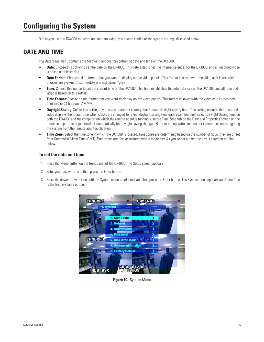 Pelco dx4000 manual Conﬁguring the System, Date and Time 