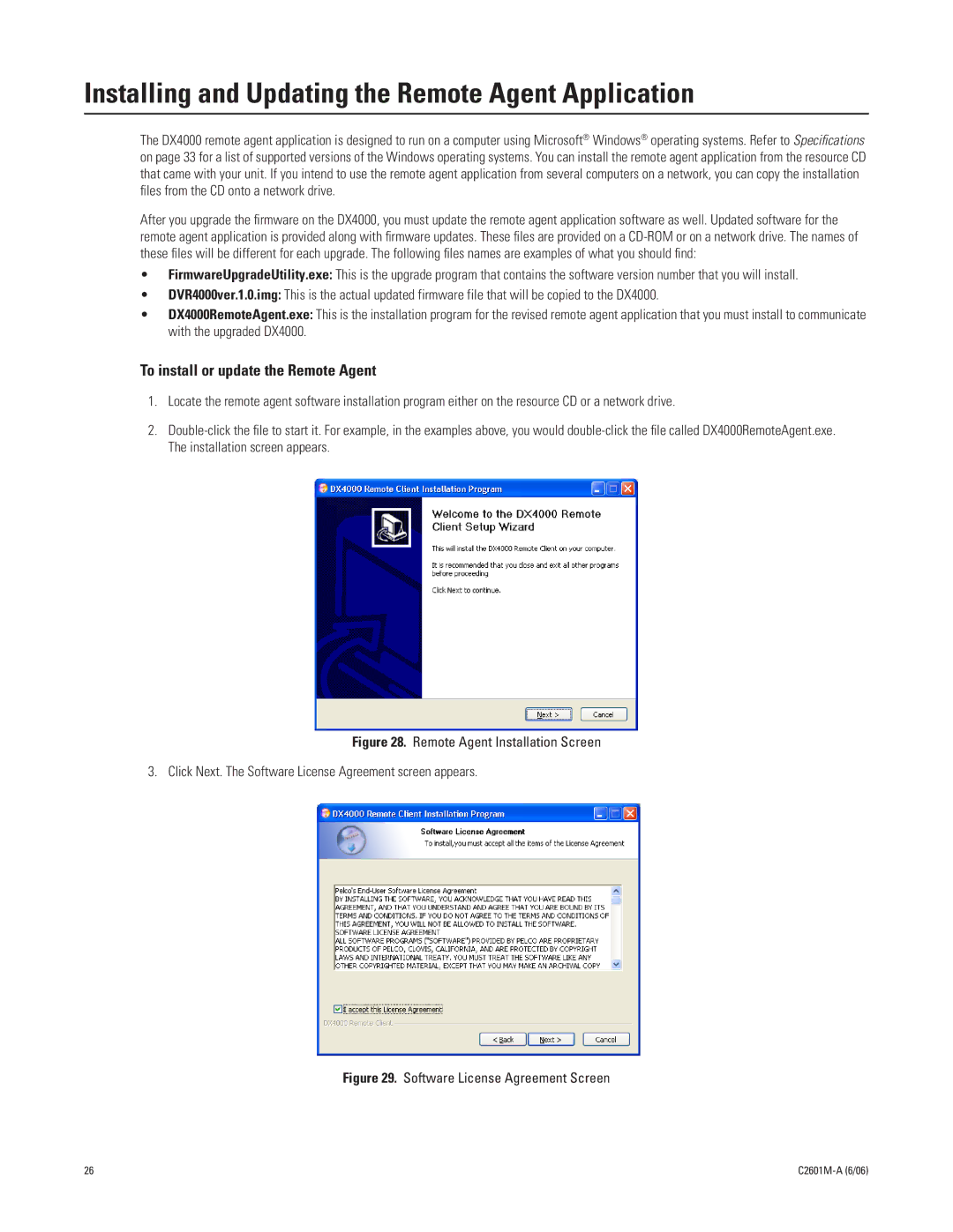 Pelco dx4000 manual Installing and Updating the Remote Agent Application, To install or update the Remote Agent 