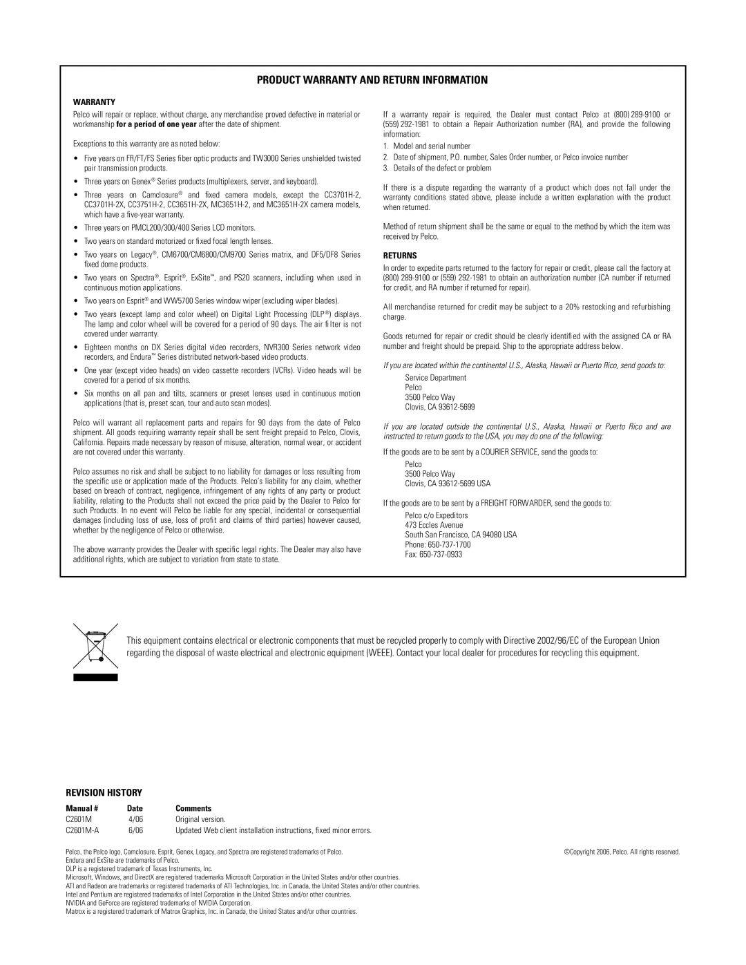 Pelco dx4000 manual Product Warranty and Return Information 